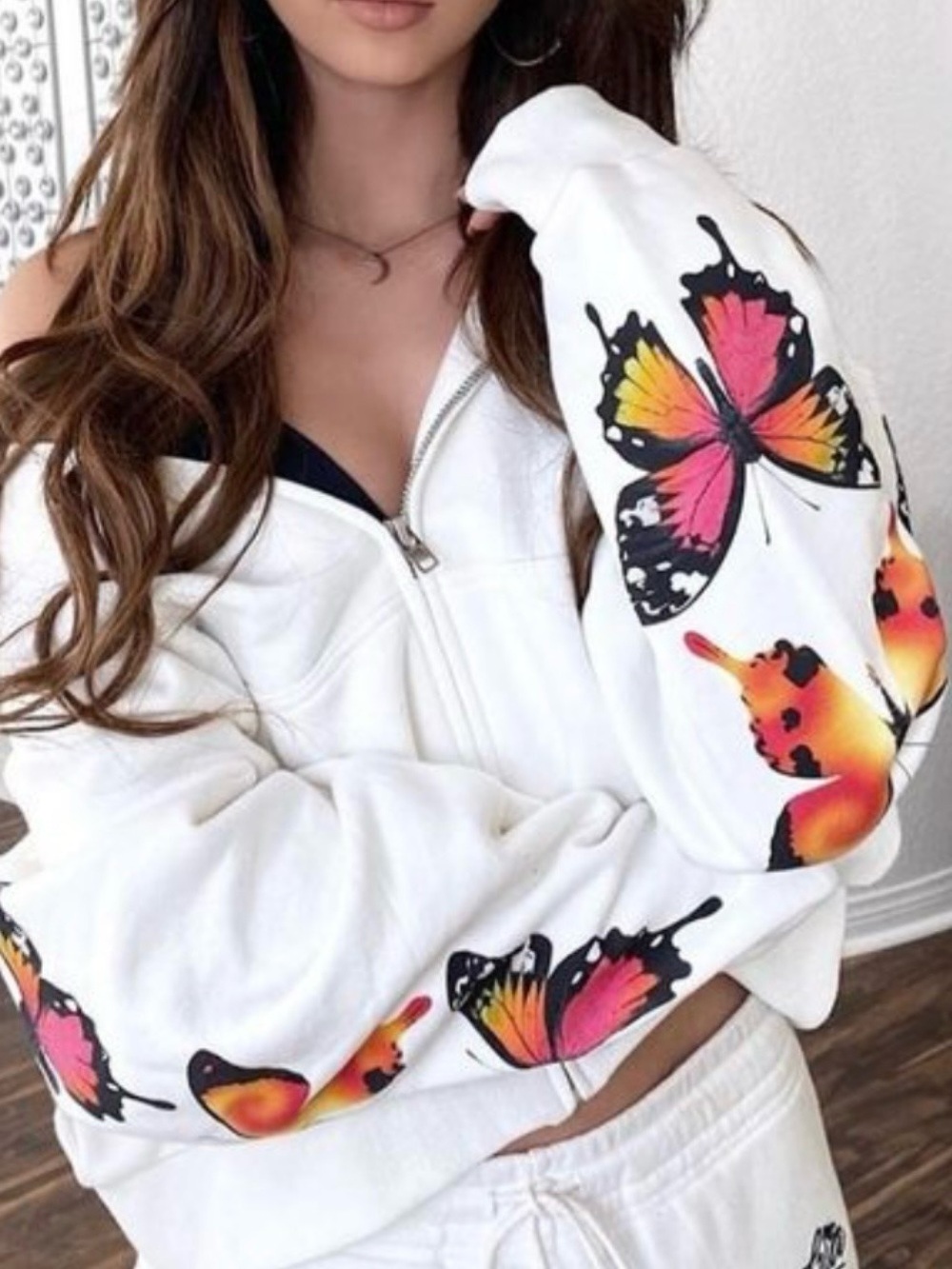 I.AM.GIA White Zip-Up Sweatshirt with Pink & Orange Butterfly Print
